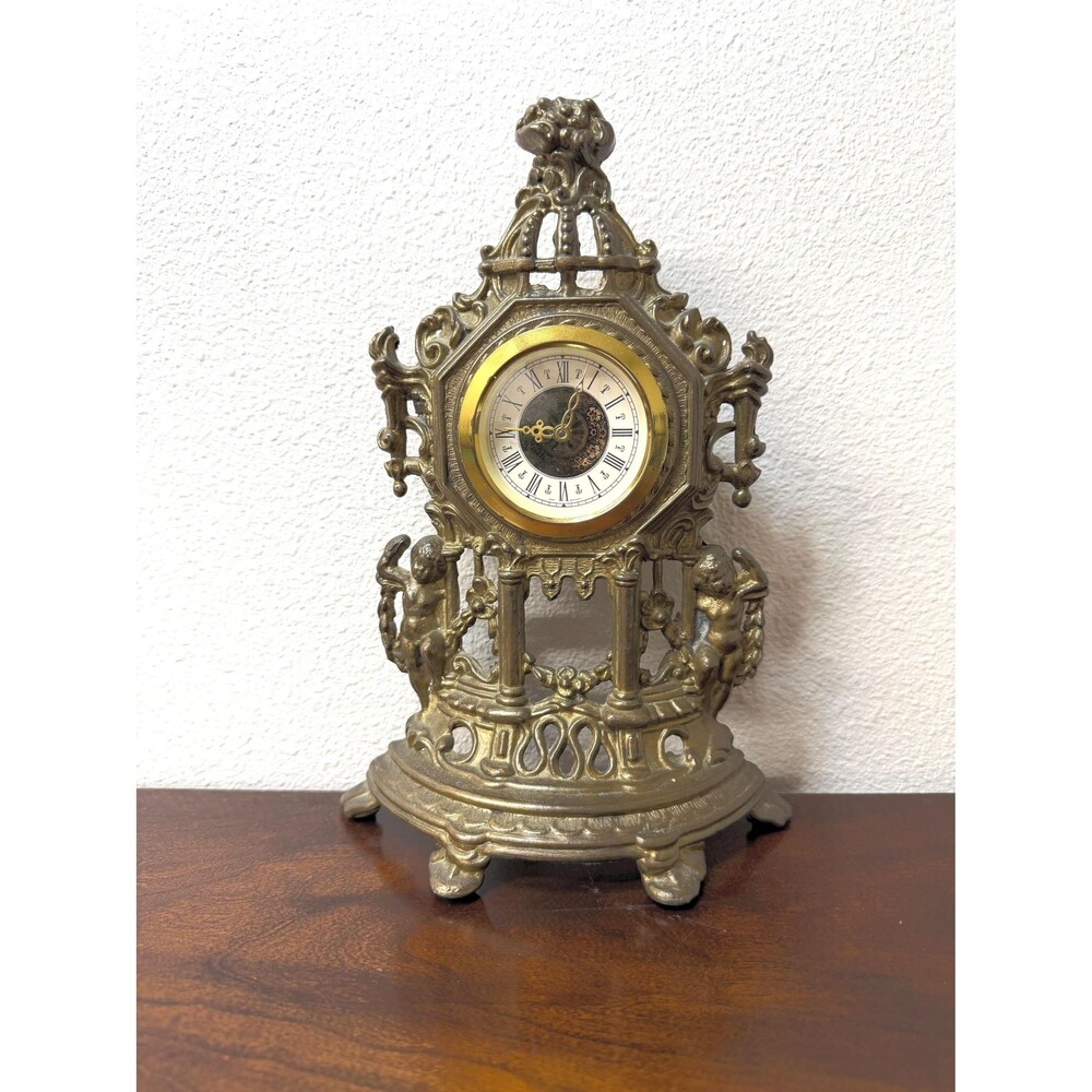 Vintage Brass Table Clock | Baroque Gothic Revival Mantel Clock